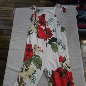 White Floral Tie-Shoulder Jumpsuit with Red Rose Print